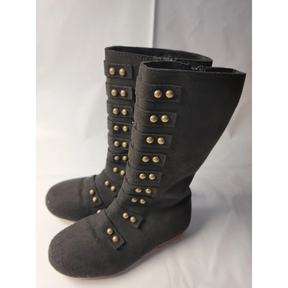 LIVEMIA Tall Boots Kids Black Studded Microfiber Leather Faux Fur Lined‎ Size 10